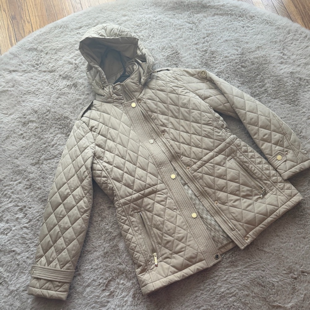 Michael Kors Quilted Hooded Jacket in Beige
